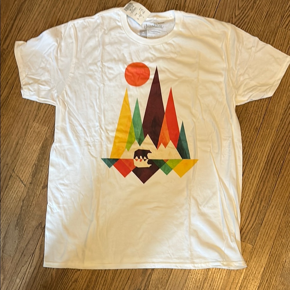 Bear Mountain Reflection Tee -White with Colorful Geometric Design